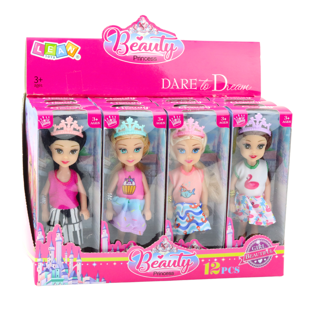Mini panenka princezna s korunkou a barevnými šaty 14cm