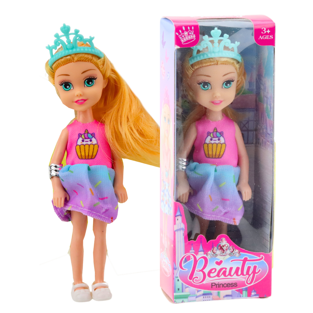Mini panenka princezna s korunkou a barevnými šaty 14cm