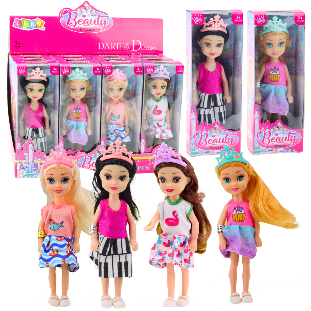 Mini panenka princezna s korunkou a barevnými šaty 14cm