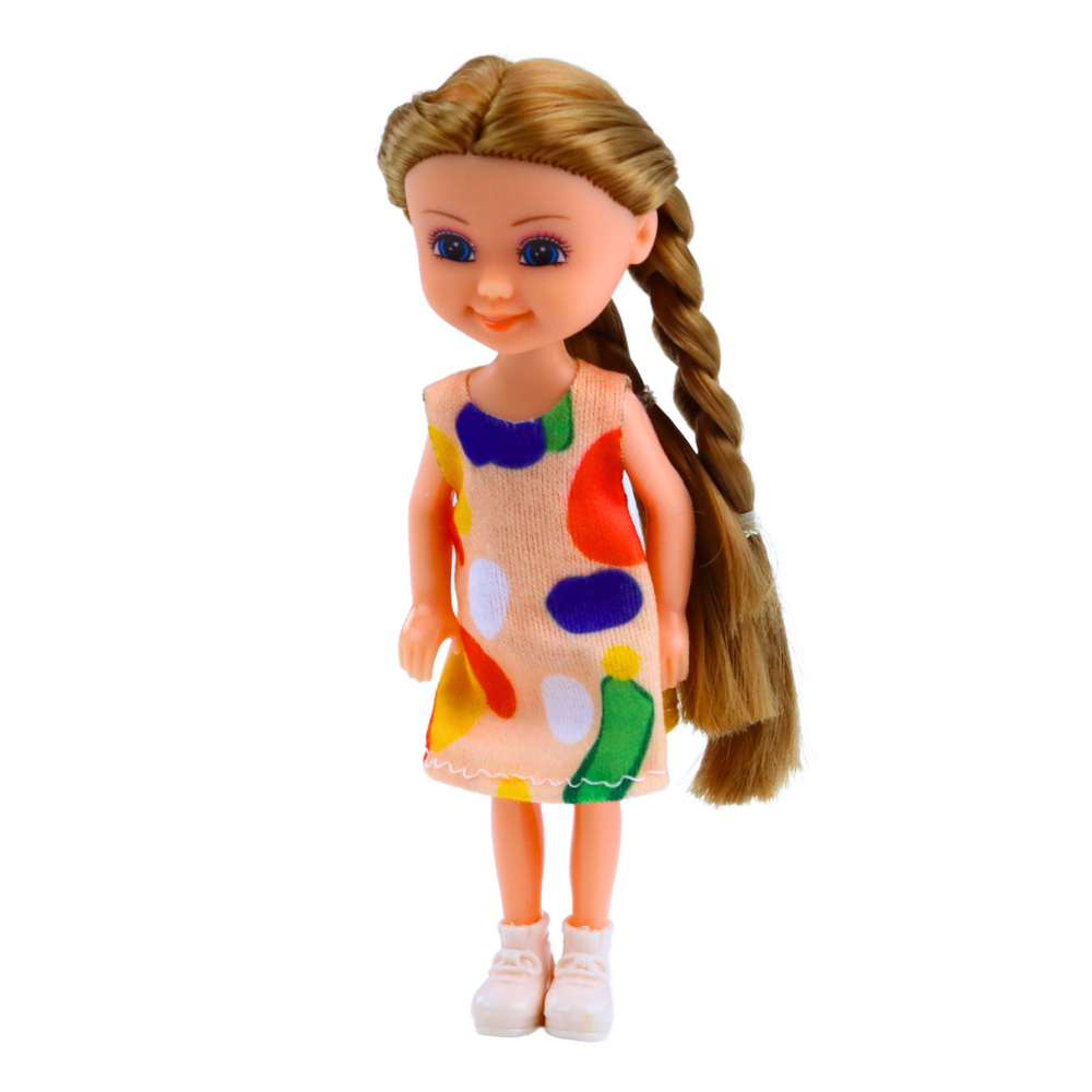 Mini panenka s dlouhými vlasy – 15cm šaty mix barev