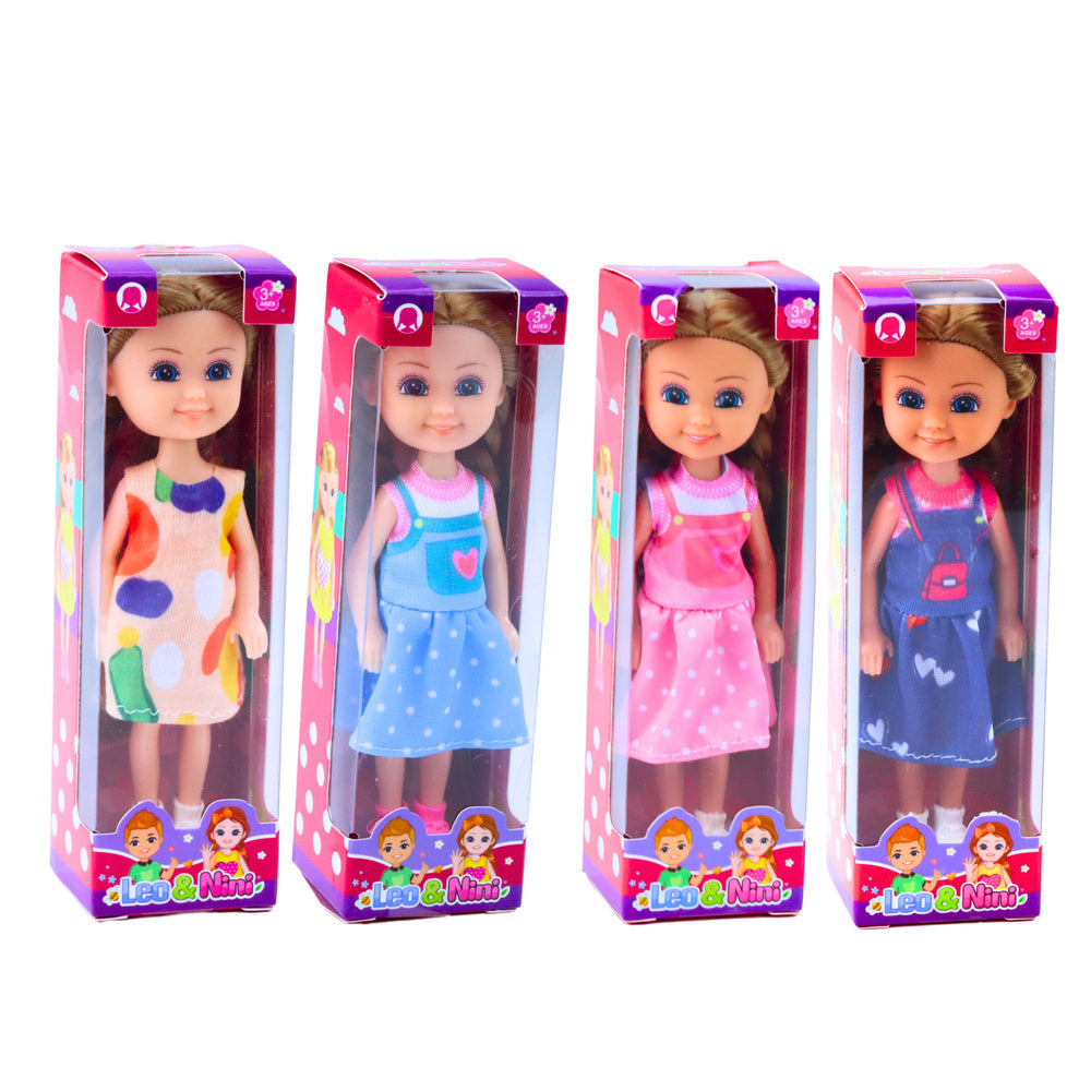 Mini panenka s dlouhými vlasy – 15cm šaty mix barev