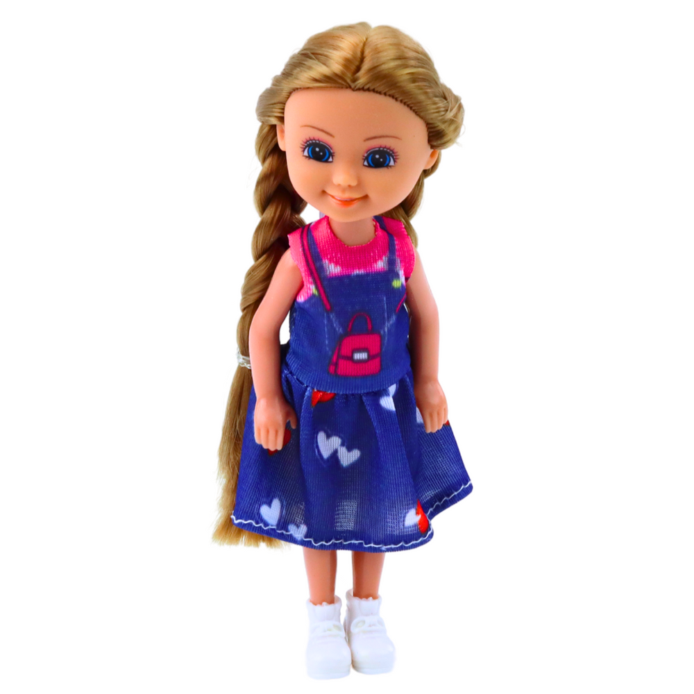 Mini panenka s dlouhými vlasy – 15cm šaty mix barev