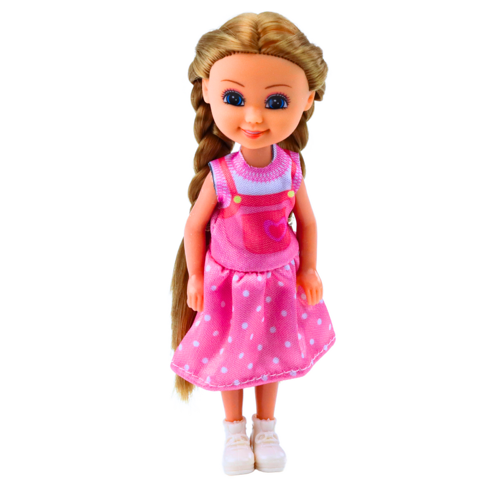 Mini panenka s dlouhými vlasy – 15cm šaty mix barev