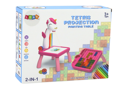 Mini projektor stolik s tetrisem 2v1 – jednorožec modrý