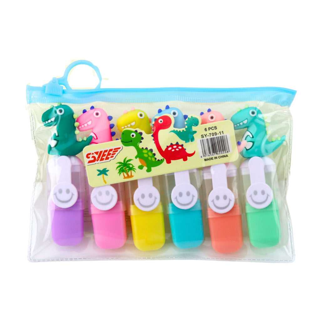 Mini zvýrazňovače s dinosaury – 6ks pouzdro 8cm | neonové