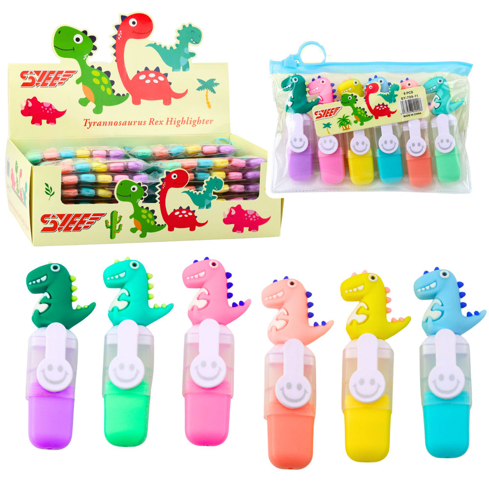 Mini zvýrazňovače s dinosaury – 6ks pouzdro 8cm | neonové