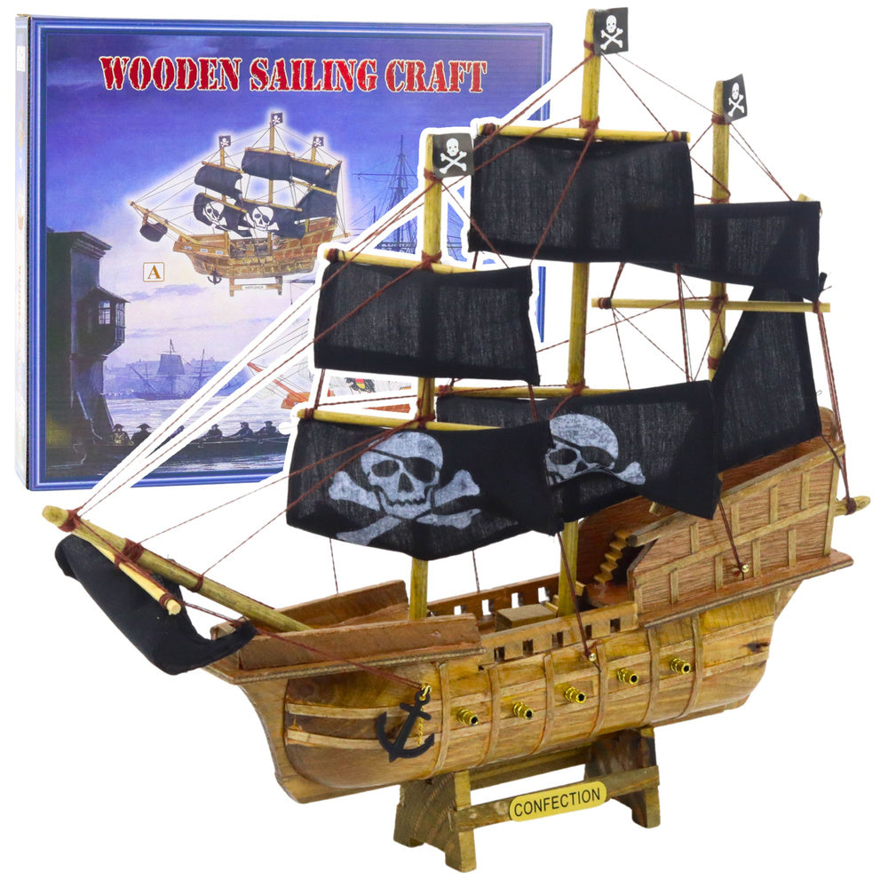Model pirátské lodi – se žaglami dřevěný trup | černý 33x29cm