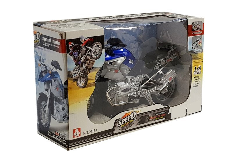 Motocykl na baterie se světly a zvuky modrý