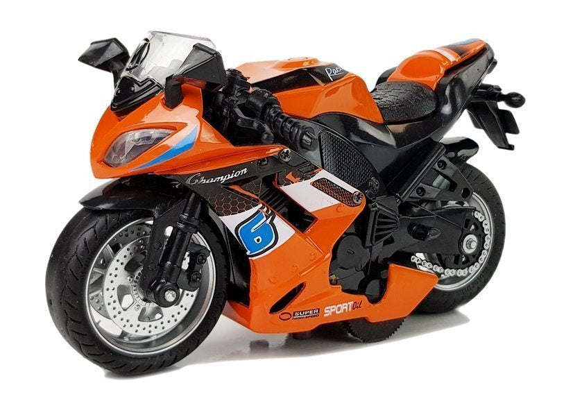 Motocykl s třecím pohonem a zvuky motoru 1:14 oranžový