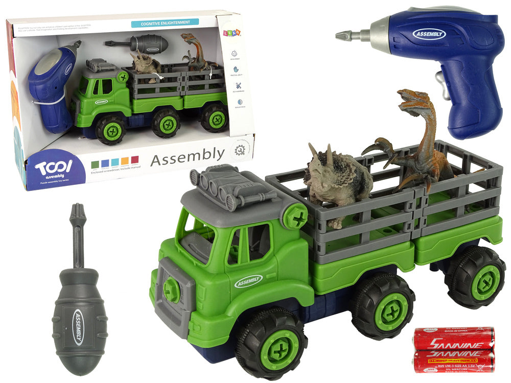 Nákladní auto s dinosaury a vrtačkou na rozkručování