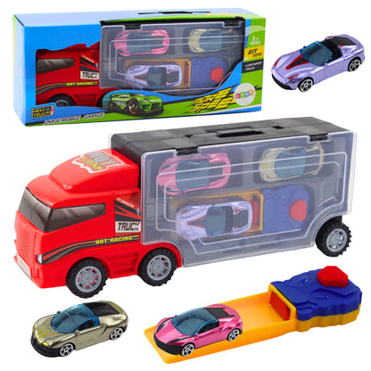 Nákladní auto s garáží a katapultem včetně 3 autíček červené