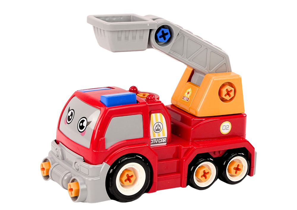 Nákladní auto s jeřábem DIY – s nářadím červené