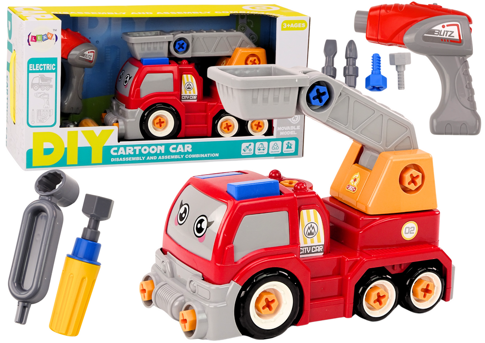 Nákladní auto s jeřábem DIY – s nářadím červené