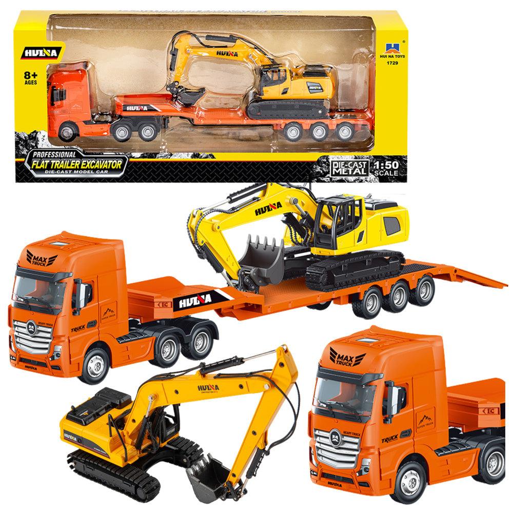 Nákladní auto s návěsem a bagrem – kovové 1:50 | Huina