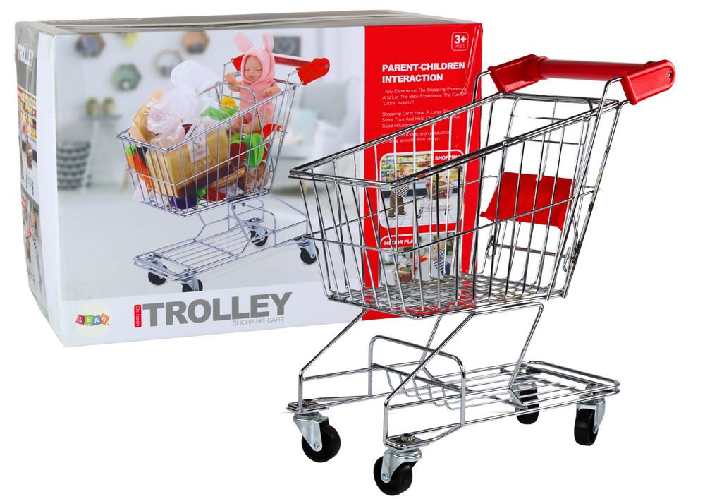 Nákupní vozík kovový pro děti – stříbrný velký s košíkem