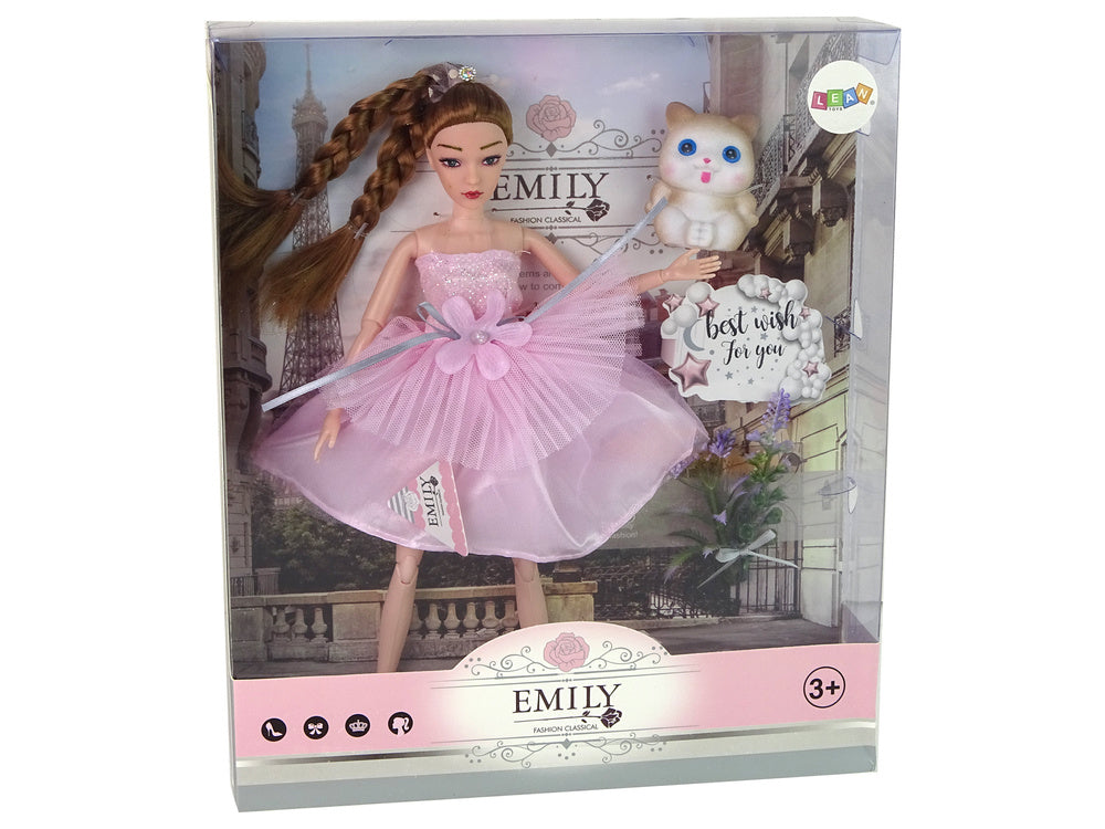 Panenka Emily s copánky a kotětem v květinové sukni – 30 cm