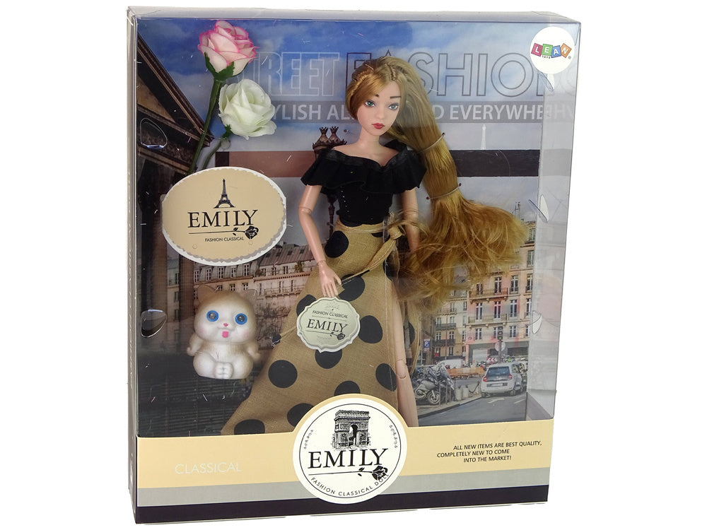 Panenka Emily s kočičkou a růží dlouhé vlasy 30 cm