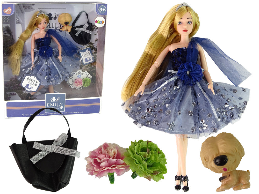 Panenka Emily s pejskem kabelkou a květinami – 30 cm