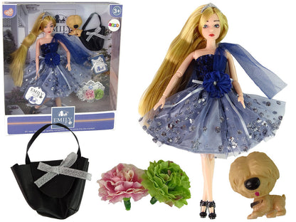 Panenka Emily s pejskem kabelkou a květinami – 30 cm