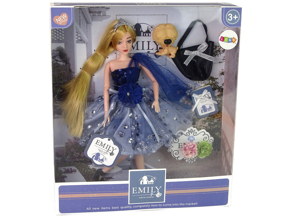 Panenka Emily s pejskem kabelkou a květinami – 30 cm