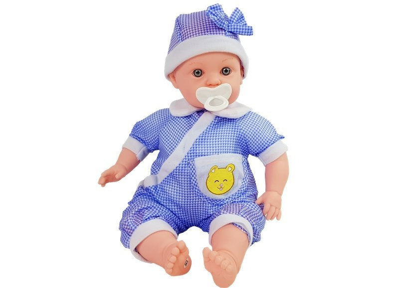 Panenka miminko 45 cm s lahvičkou a dudlíkem modré oblečení