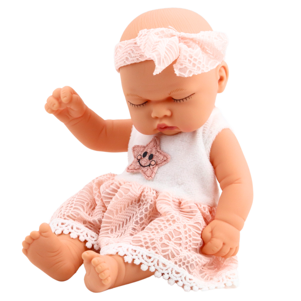 Panenka miminko růžové šatičky – s čelenkou 24 cm