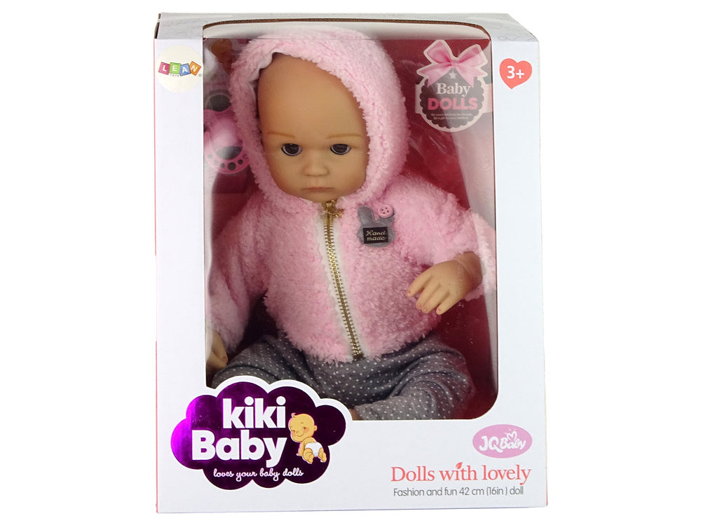Panenka miminko s dudlíkem a plínkou 40 cm šedé puntíky