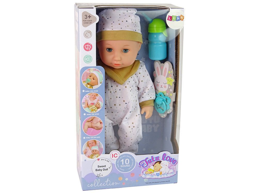 Panenka miminko se zvuky – s dudlíkem bílé pyžamo 38cm