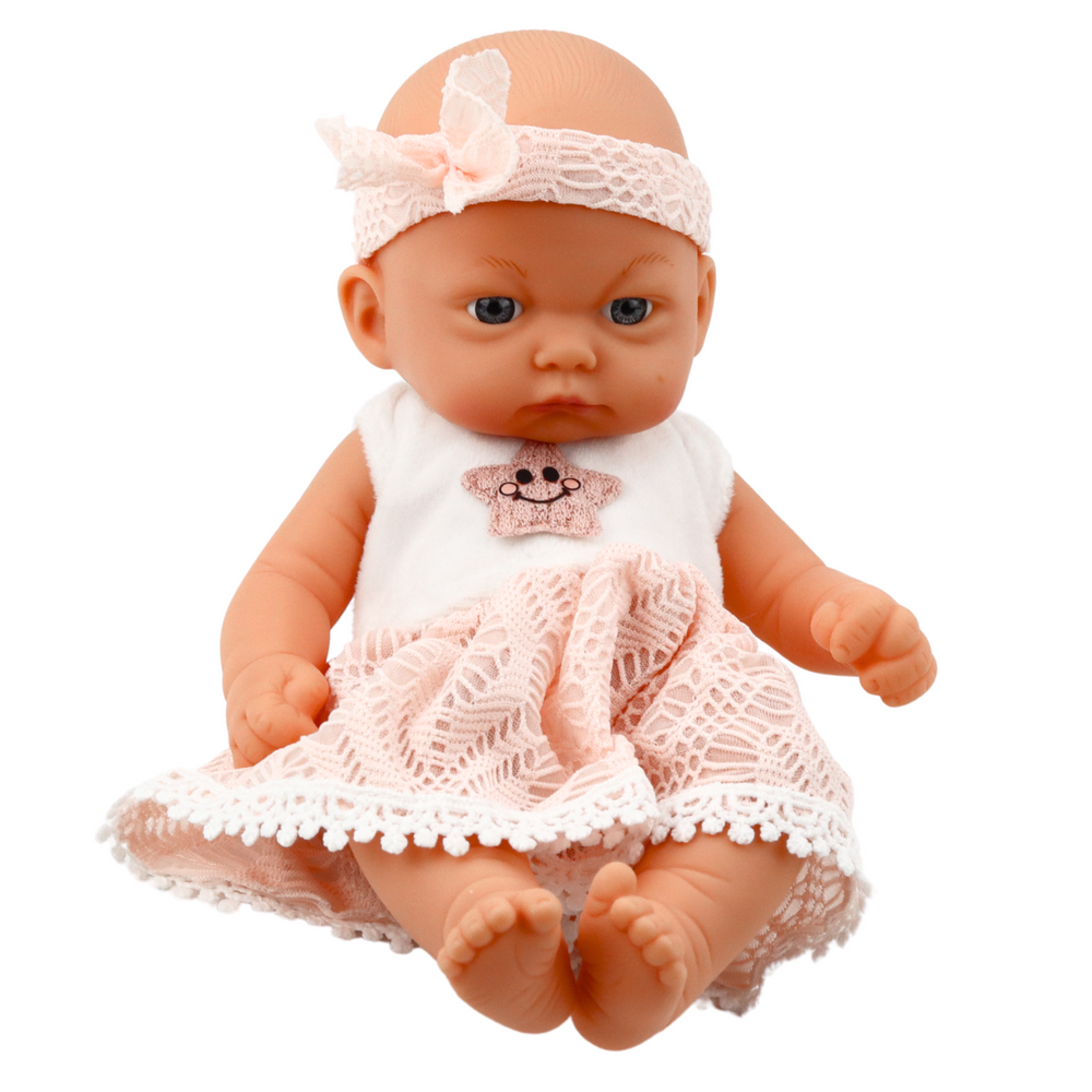 Panenka miminko v růžových šatech – s krajkou a čelenkou 24cm