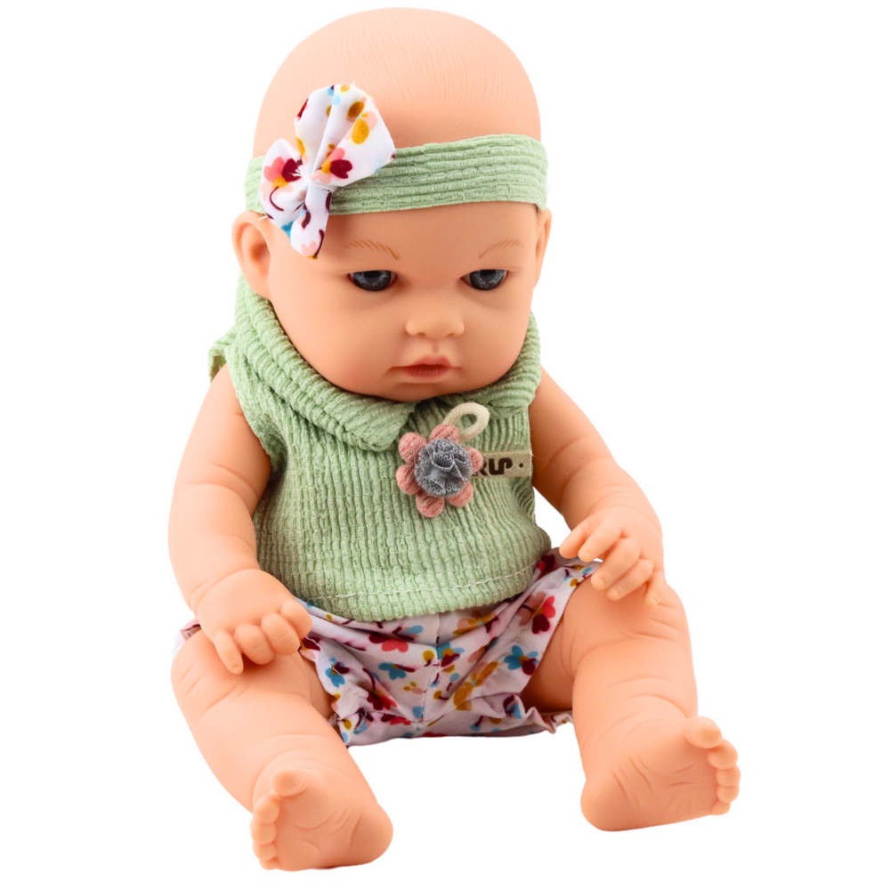 Panenka miminko zelené oblečení – s čelenkou 29cm