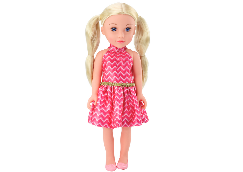 Panenka s blond vlasy v culíčcích růžové šaty 46cm pohyblivá