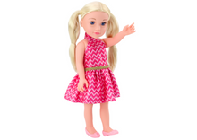 Panenka s blond vlasy v culíčcích růžové šaty 46cm pohyblivá