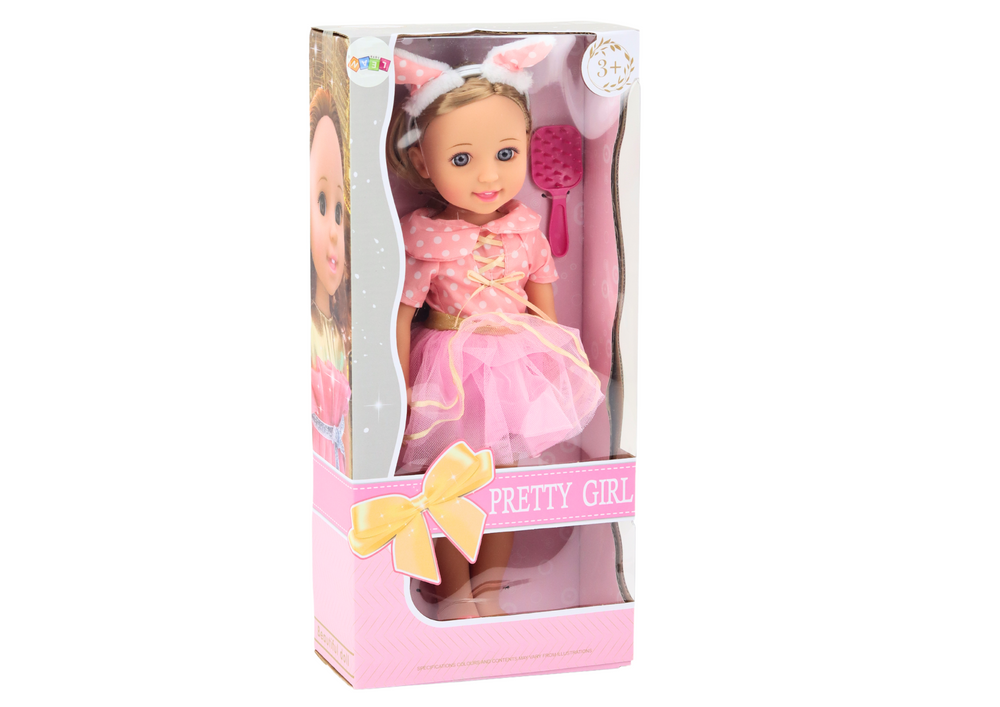 Panenka s dlouhými vlasy růžové šaty opaska kartáček 38cm