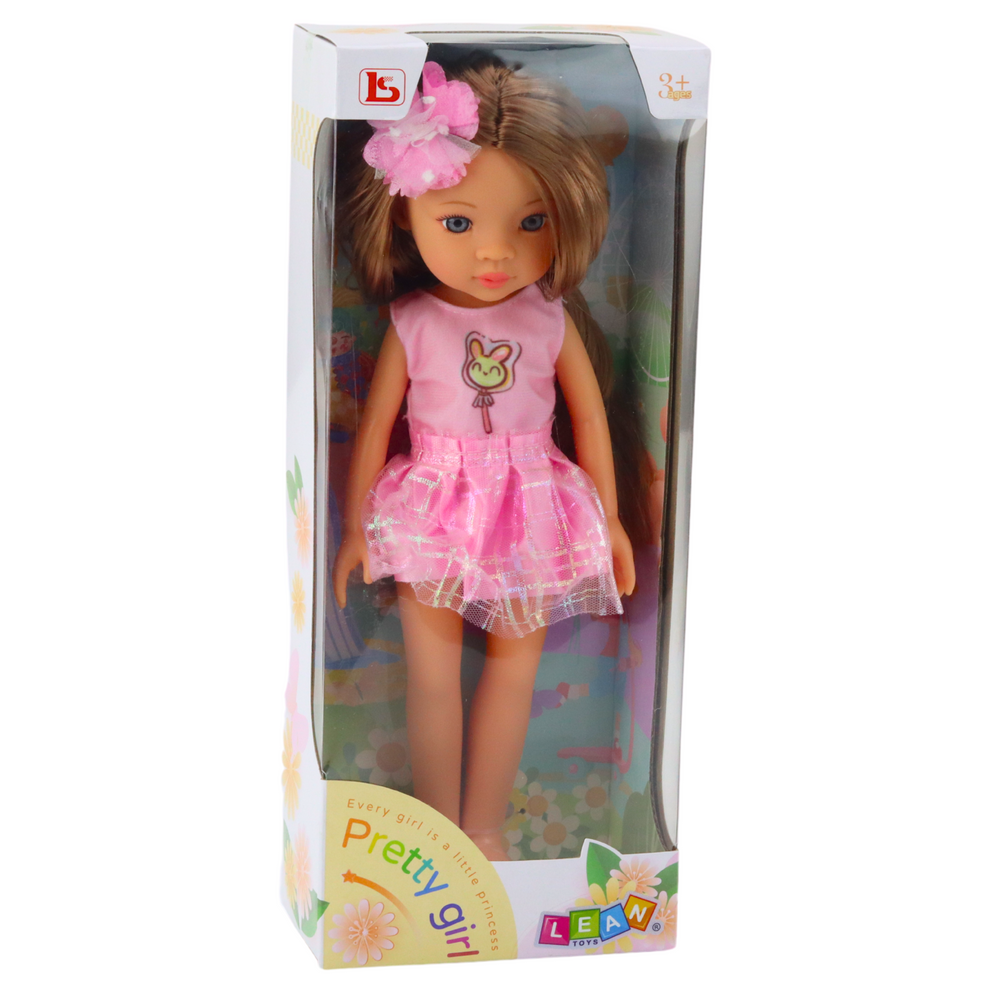 Panenka s hnědými vlasy – růžové šaty a spona | 32 cm