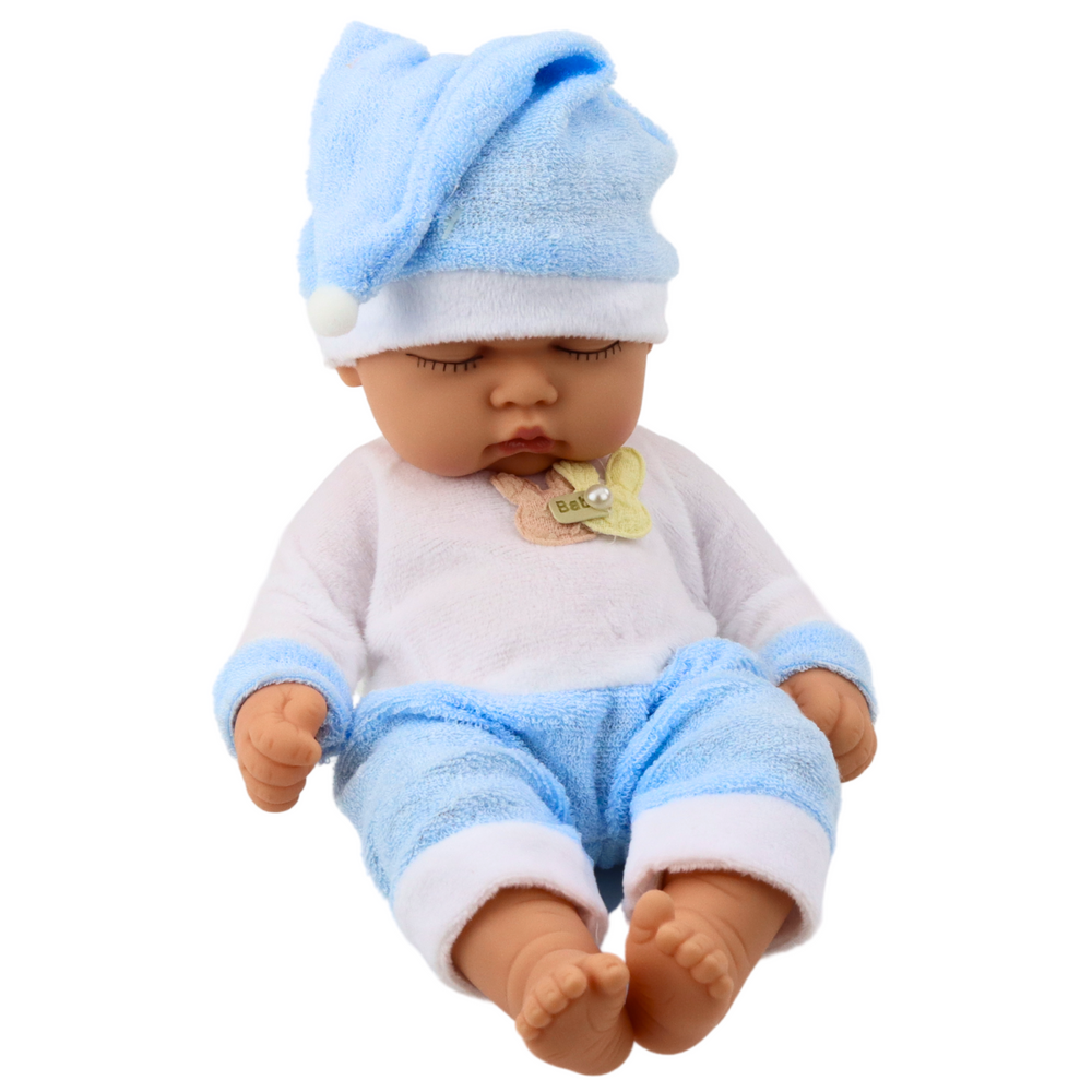 Panenka spící miminko – modrá pyžamka s čepičkou 24 cm