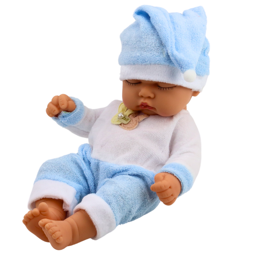 Panenka spící miminko – modrá pyžamka s čepičkou 24 cm