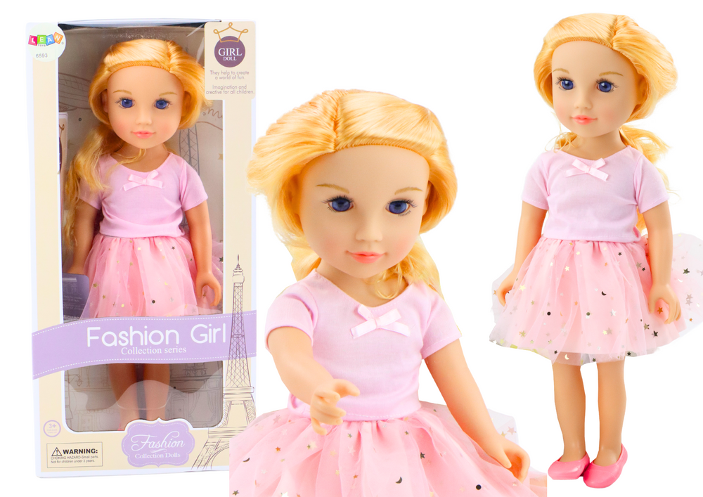 Panenka v růžových šatech s tylovou sukní a blond vlasy 44 cm