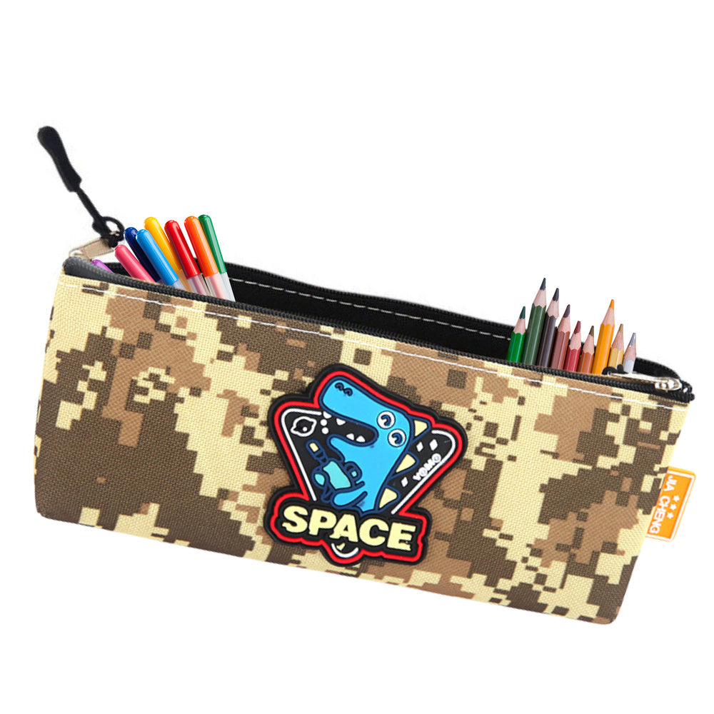 Penál s kosmickým dinosaurem pixelový vzor 20x8cm khaki