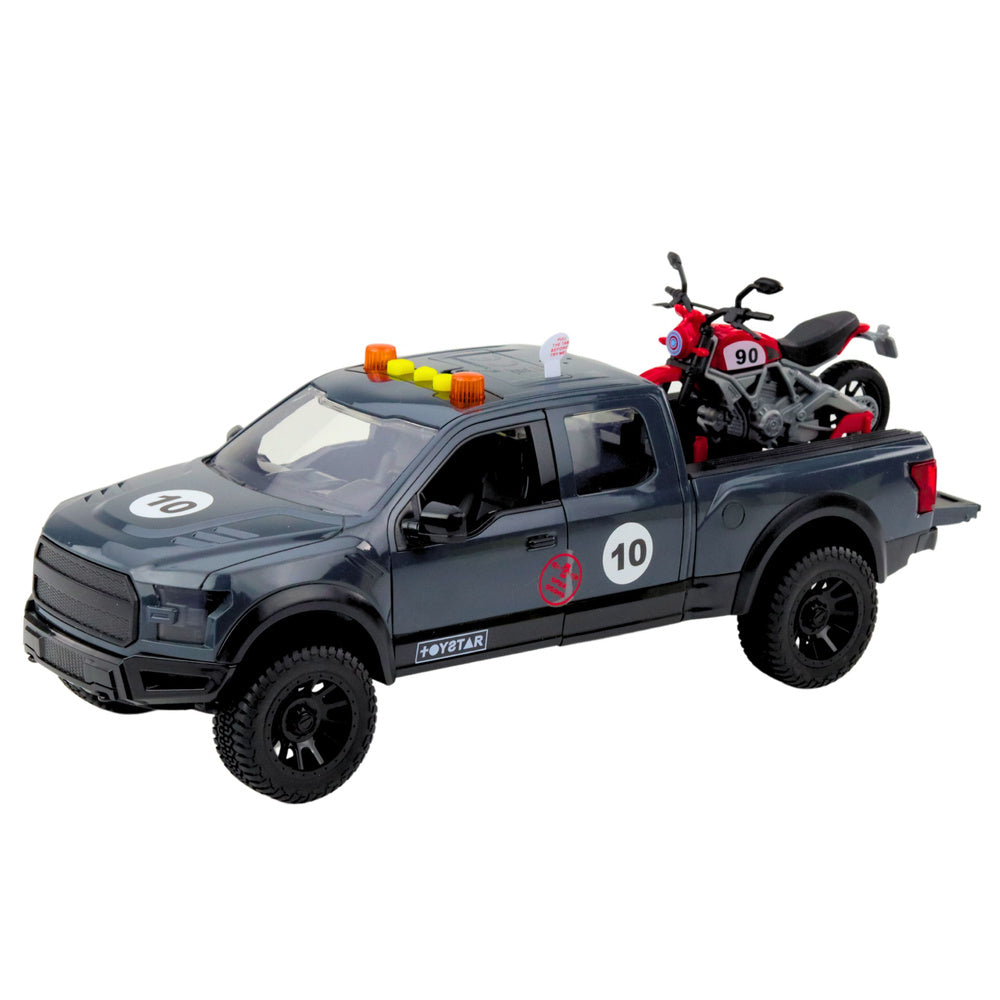 Pickup s motocyklem světla zvuky otvírací dveře šedý 1:12