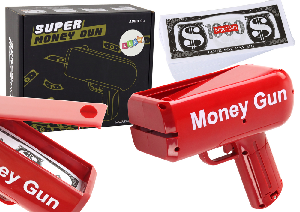 Pistole na peníze střílející bankovky – Money Gun | červená