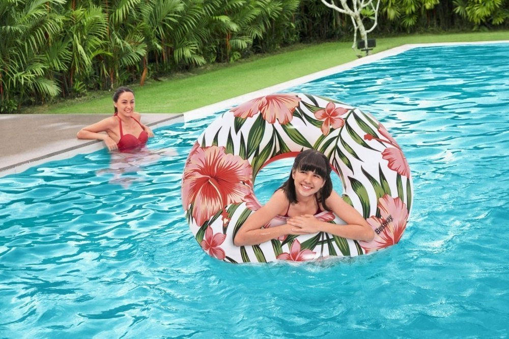 Plavací kruh srdce s palmami 119 cm – růžový | Bestway