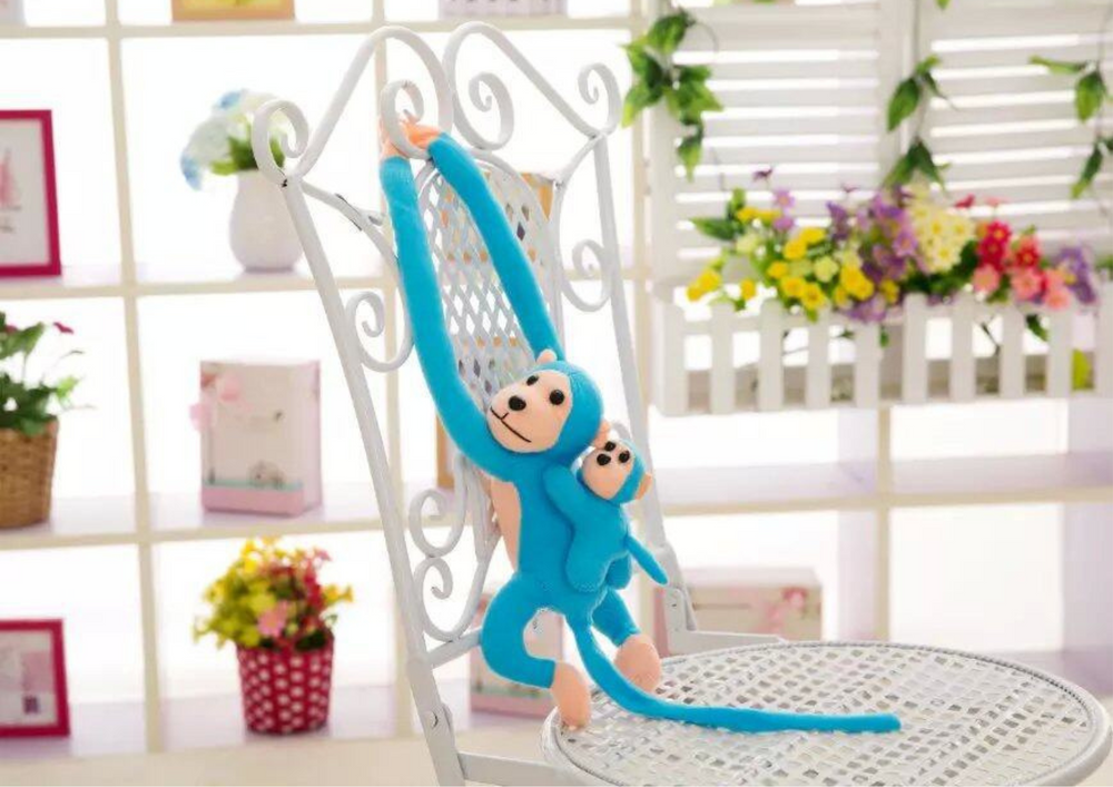 Plyšová opička s mládětem 70 cm modrá s rzepy