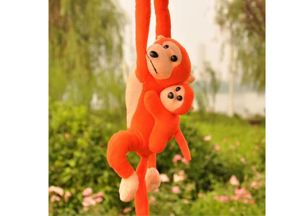 Plyšová opička s mládětem se zvukem a suchým zipem 70 cm oranžová