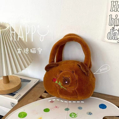 Plyšová taška s kapybarou a růží – hnědá 20cm