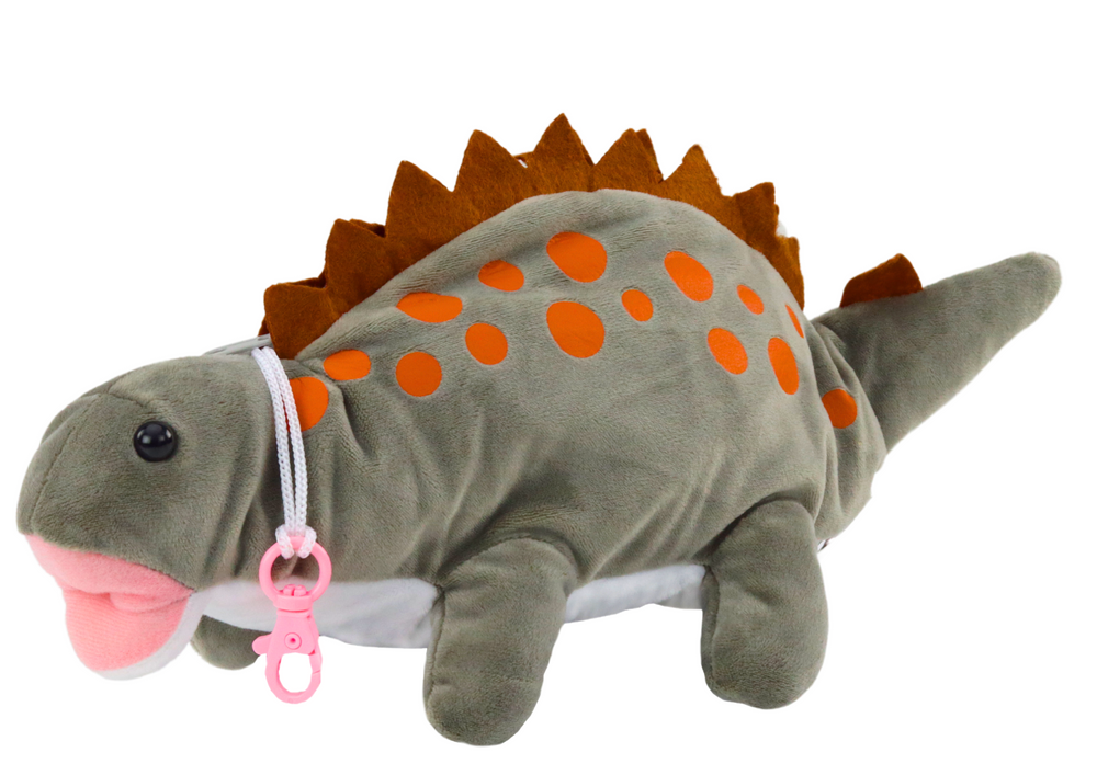 Plyšový dinosaurus penál s kapsou a karabinou šedý