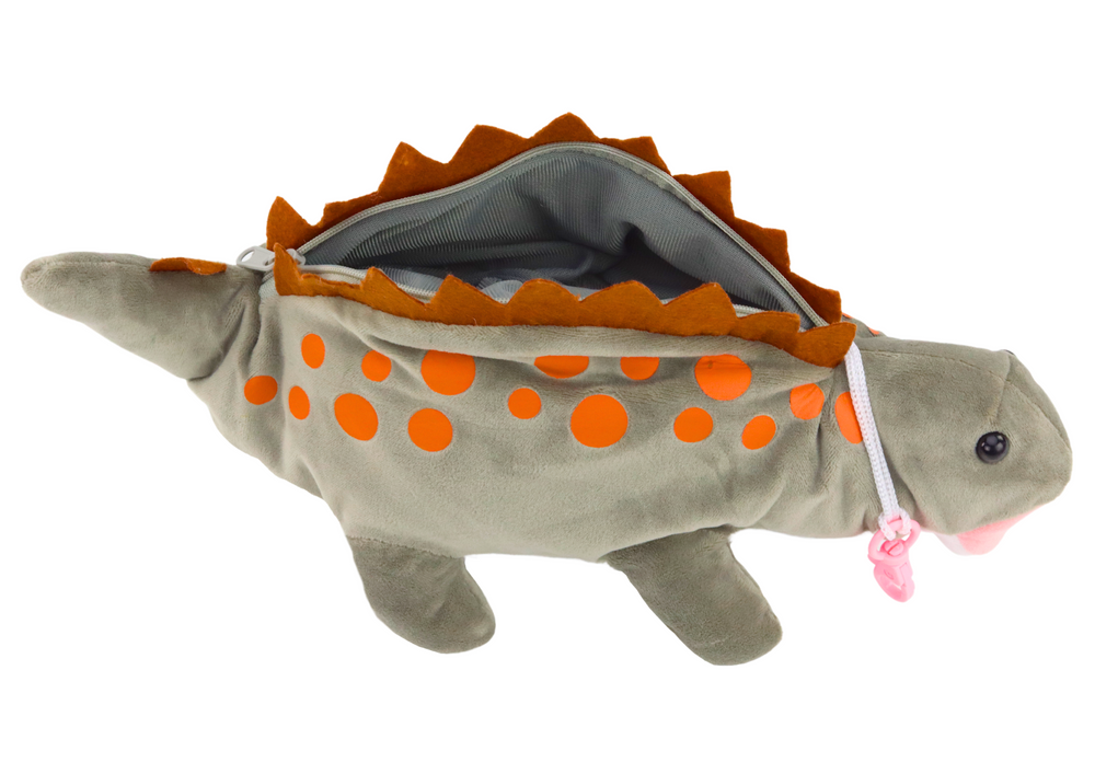 Plyšový dinosaurus penál s kapsou a karabinou šedý
