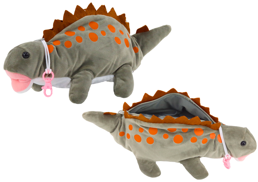 Plyšový dinosaurus penál s kapsou a karabinou šedý