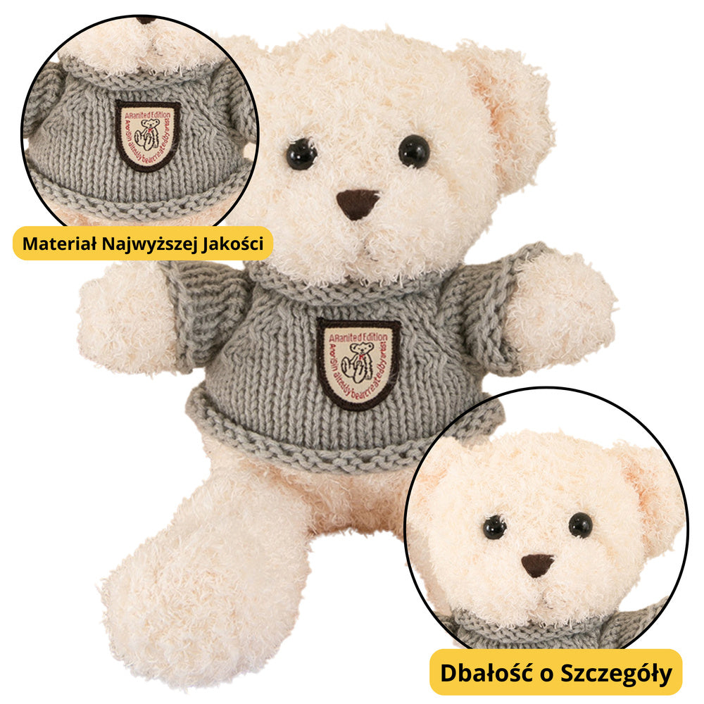 Plyšový medvídek bílý 26cm – v šedém svetříku