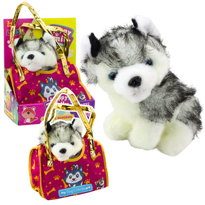 Plyšový pejsek Husky v kabelce přítulanka bílo šedý