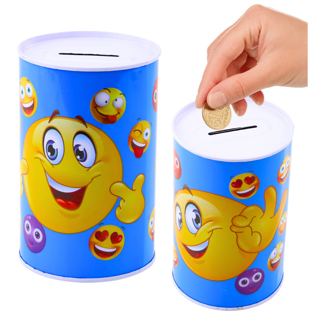 Pokladnička kovová s emotikony pro děti 13x8cm modrá hnědá